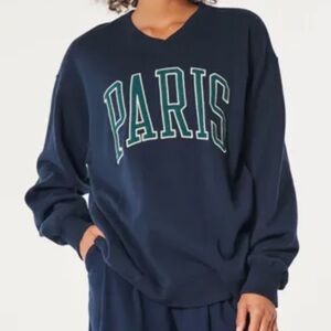 Hollister Oversized V-Neck Embroidered Paris Sweatshirt Long Sleeve Casual